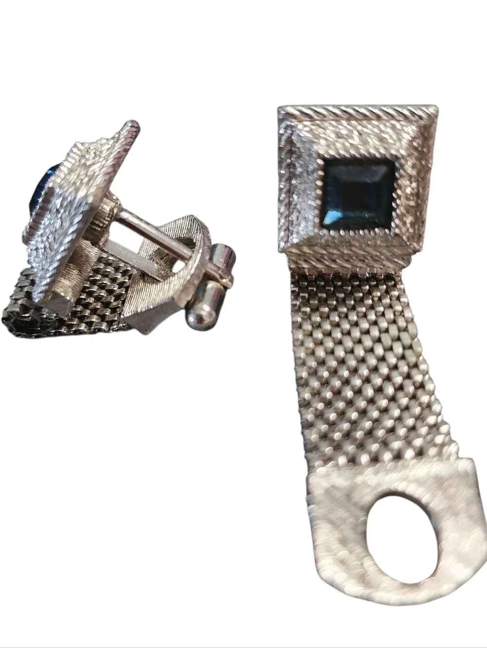 Vintage Silvertone Square Cufflinks Dark Blue Stone